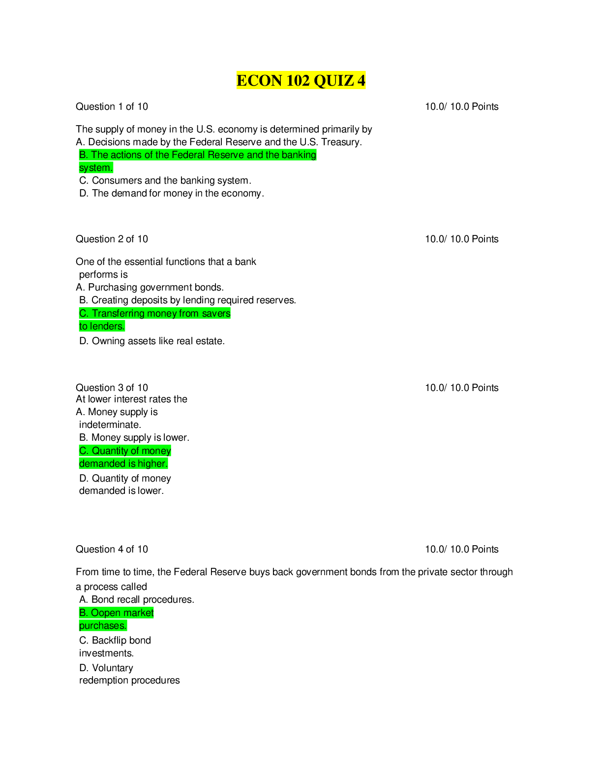 Preview of ECON 102 QUIZ 4 - 100% Correct Questions and Answers